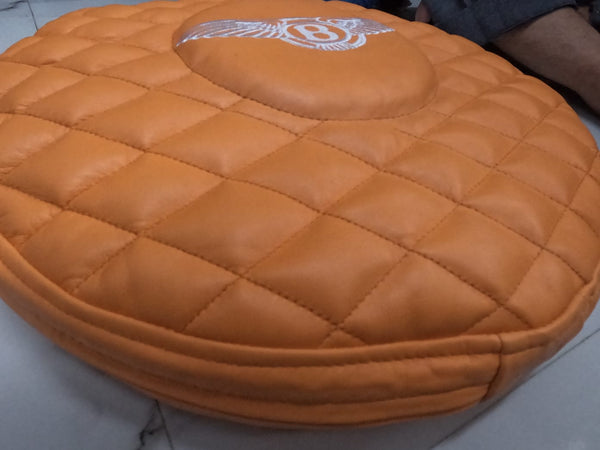 Noora Lambskin Leather Round Cushion Cover Orange | Embroidery Quilted Pillow Covers | Modern Luxurious Embroidery Cushion Cover | JS41 - Noora International