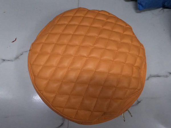Noora Lambskin Leather Round Cushion Cover Orange | Embroidery Quilted Pillow Covers | Modern Luxurious Embroidery Cushion Cover | JS41 - Noora International