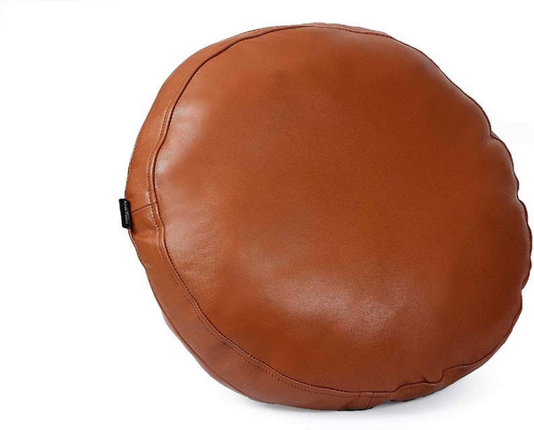 Noora Lambskin Leather Round Shape Cushion Cover Brown, Round Pillow Cover for Home Decor ST0143 - Noora International
