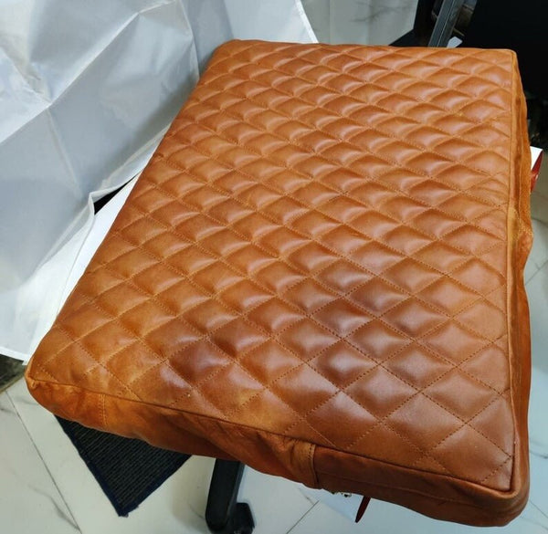 NOORA Lambskin Leather Seat Cushion Cover MANGO TAN, Quilted Designer Sofa Cushion Case, Table Seat, Leather Pet Bed SN031 - Noora International
