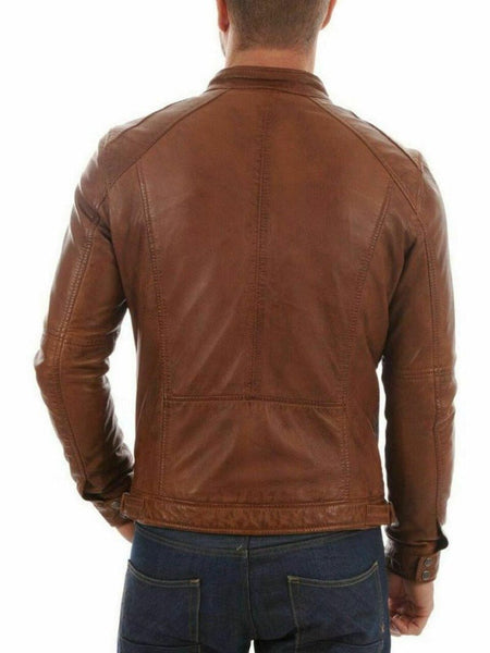 Noora Lambskin Mens Leather Jacket Tan Brown | Glossy Brown Motorcycle Jacket | Classical Western Jacket YK094 - Noora International