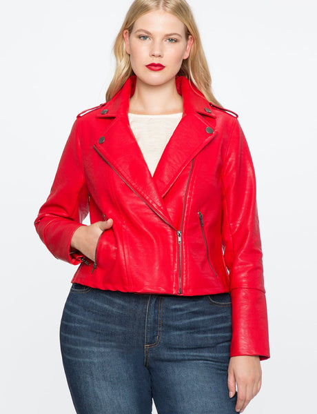 NOORA Lambskin Red Leather Biker Jacket With Zipper & Pocket | Plus Size Jacket | Shoulder Strap | Zip On Sleeves | ST0165 - Noora International