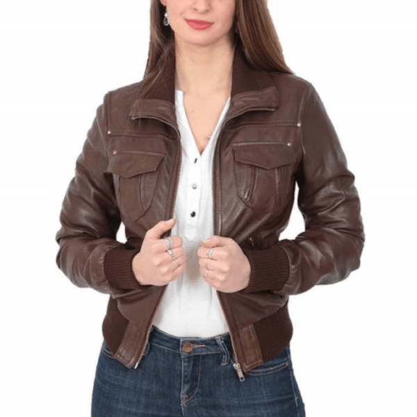 NOORA Lambskin VINTAGE Dark Brown Leather Bomber Jacket, Women Winter jacket, Biker Jacket YK070 - Noora International