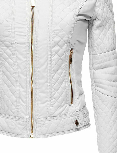 Noora Lambskin Women's White Leather Jacket, Diamond Quilted Ladies Biker Leather Jacket Gift for her - Noora International