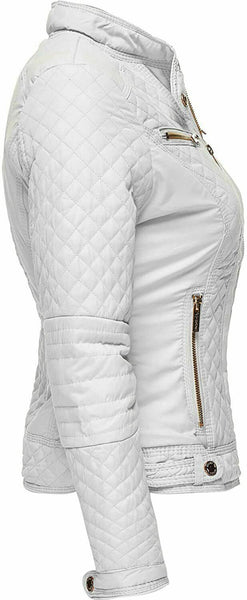 Noora Lambskin Women's White Leather Jacket, Diamond Quilted Ladies Biker Leather Jacket Gift for her - Noora International