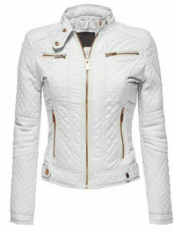 Lambskin Women's White Leather Jacket, Diamond Quilted Ladies Biker Leather Jacket