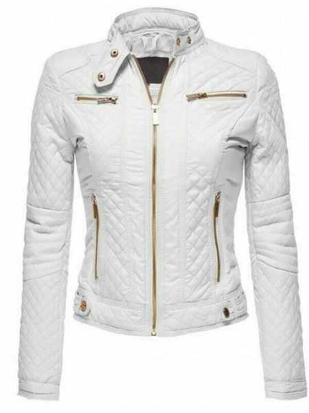 Noora Lambskin Women's White Leather Jacket, Diamond Quilted Ladies Biker Leather Jacket Gift for her - Noora International