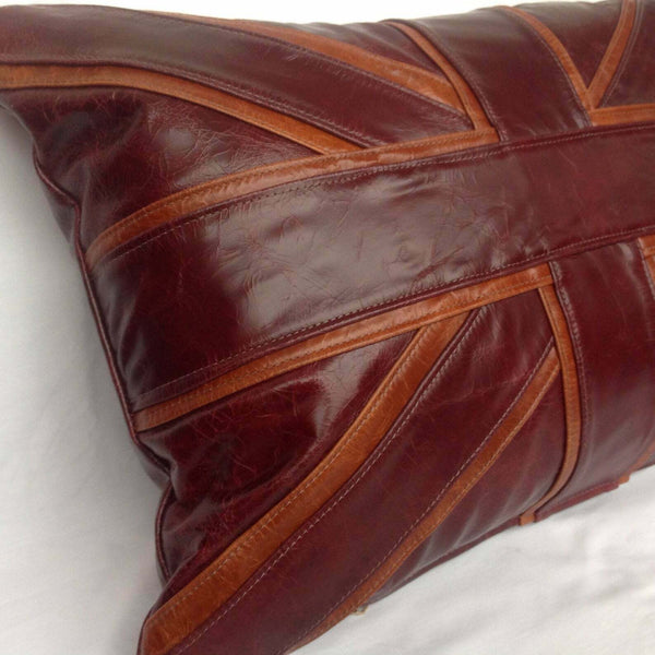Noora Leather Cushion Cover, Maroon & Mango Tan Rectangle Lumbar Cover| Flag Designer Pillow Cover -UN022 - Noora International
