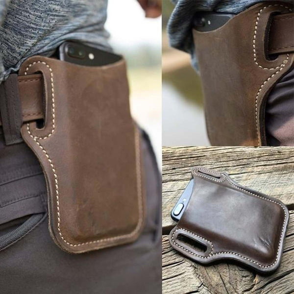 NOORA Leather Distressed Leather purse Retro Short Cell Phone Case Belt Bag Purse brown leather - Noora International