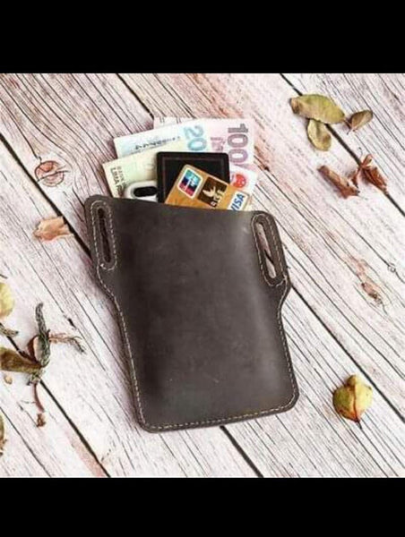 NOORA Leather Distressed Leather purse Retro Short Cell Phone Case Belt Bag Purse brown leather - Noora International