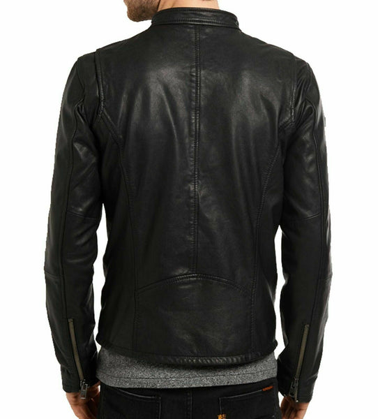 Noora Leather Jacket Basic All Season Men Slim fit Biker Genuine Black Lambskin BS12 - Noora International