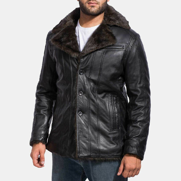 Noora Leather Jacket Men's Fur cliff Black Leather Coat Smart Fit NI-61 - Noora International