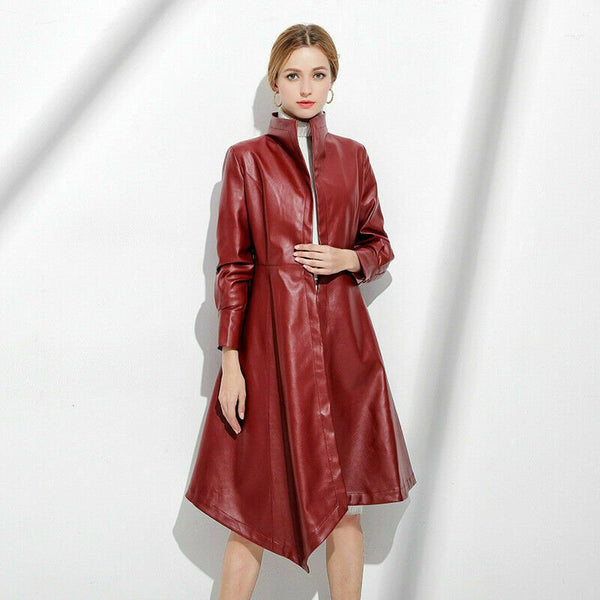 NOORA Leather Jacket Trench Coat Stand Collar Slim FIT RED TRENCH COAT Windbreak - Noora International