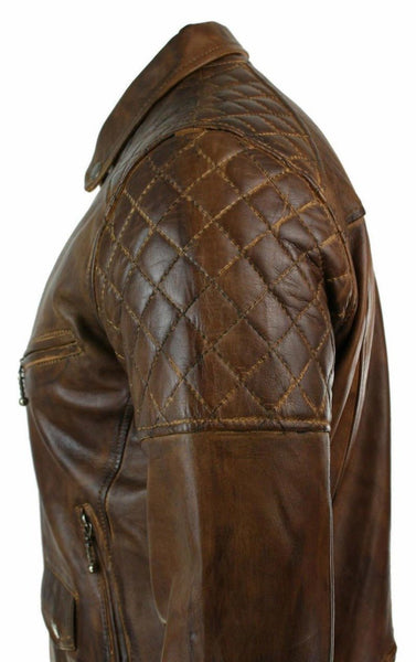 Noora Men Antique Brown Lambskin Leather Biker Jacket Designer Handmade Quilted Jacket With Zipper SU01 - Noora International