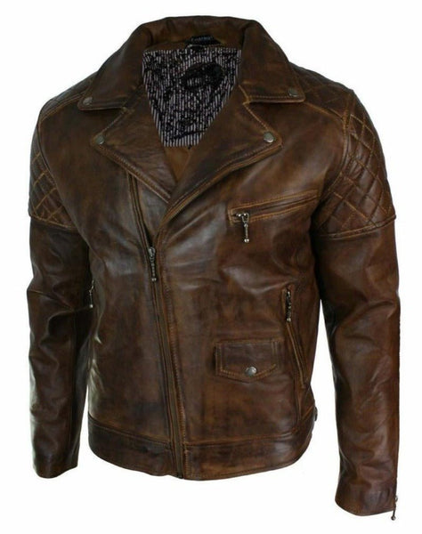Noora Men Antique Brown Lambskin Leather Biker Jacket Designer Handmade Quilted Jacket With Zipper SU01 - Noora International