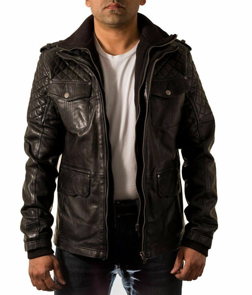Noora Men Biker Black Leather Jacket Black Double Layered Collar & Zip Real Leather QD41 - Noora International