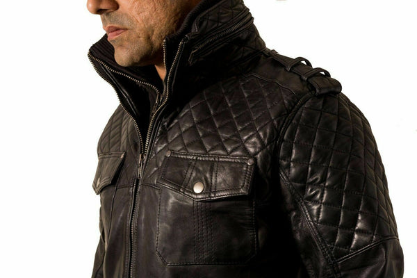 Noora Men Biker Black Leather Jacket Black Double Layered Collar & Zip Real Leather QD41 - Noora International