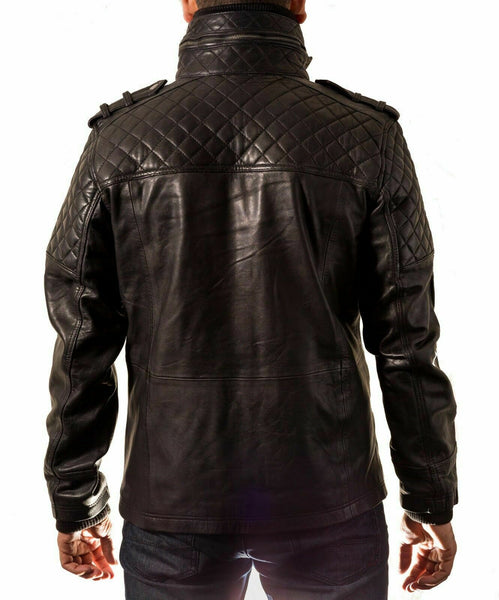 NOORA Men Biker Leather Jacket Black Double Layered Collar & Zip Real Leather QD42 - Noora International