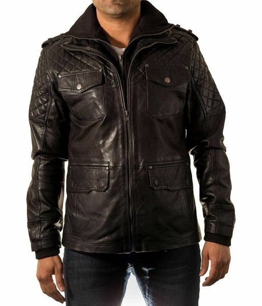 NOORA Men Biker Leather Jacket Black Double Layered Collar & Zip Real Leather QD42 - Noora International