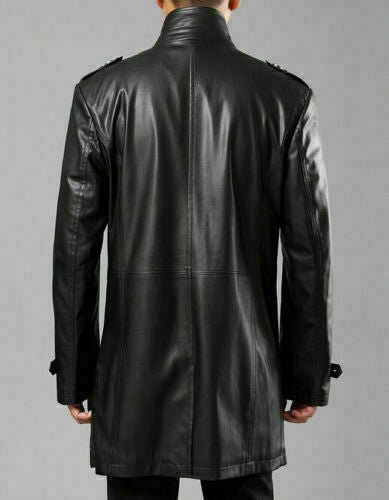 Noora Men Black Color Leather Trench Coat Genuine Lambskin Leather Jacket Long Trench SP369 - Noora International