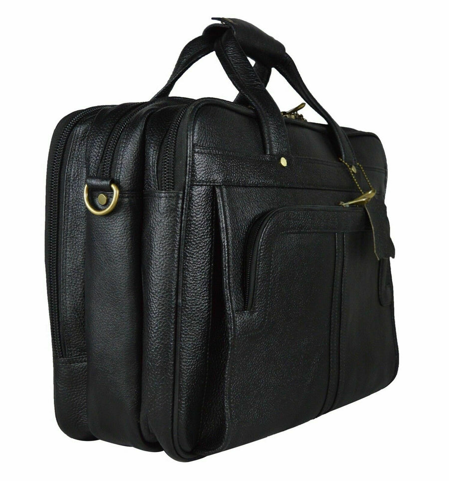 Men Black Cowhide Real Leather Messenger Shoulder Briefcas Bag