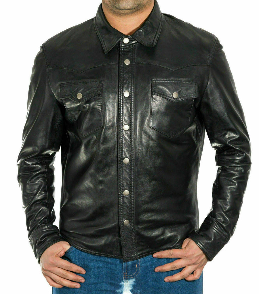 Men Gents Black Adjustable Collar Casual Shirt Soft Leather Shirt Jacket S