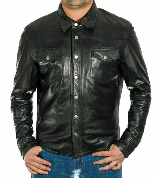 NOORA Men Gents Black Adjustable Collar Casual Shirt Soft Leather Shirt Jacket S - Noora International