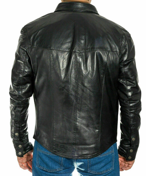 NOORA Men Gents Black Adjustable Collar Casual Shirt Soft Leather Shirt Jacket S - Noora International