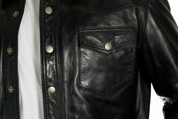 NOORA Men Gents Black Adjustable Collar Casual Shirt Soft Leather Shirt Jacket S - Noora International
