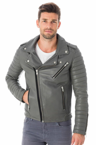 Noora Men Genuine Lambskin Grey Leather Motorcycle Coats Biker Jackets BS-110 - Noora International