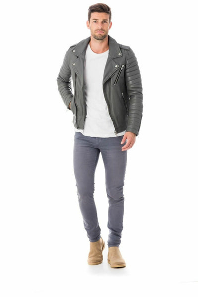 Noora Men Genuine Lambskin Grey Leather Motorcycle Coats Biker Jackets BS-110 - Noora International
