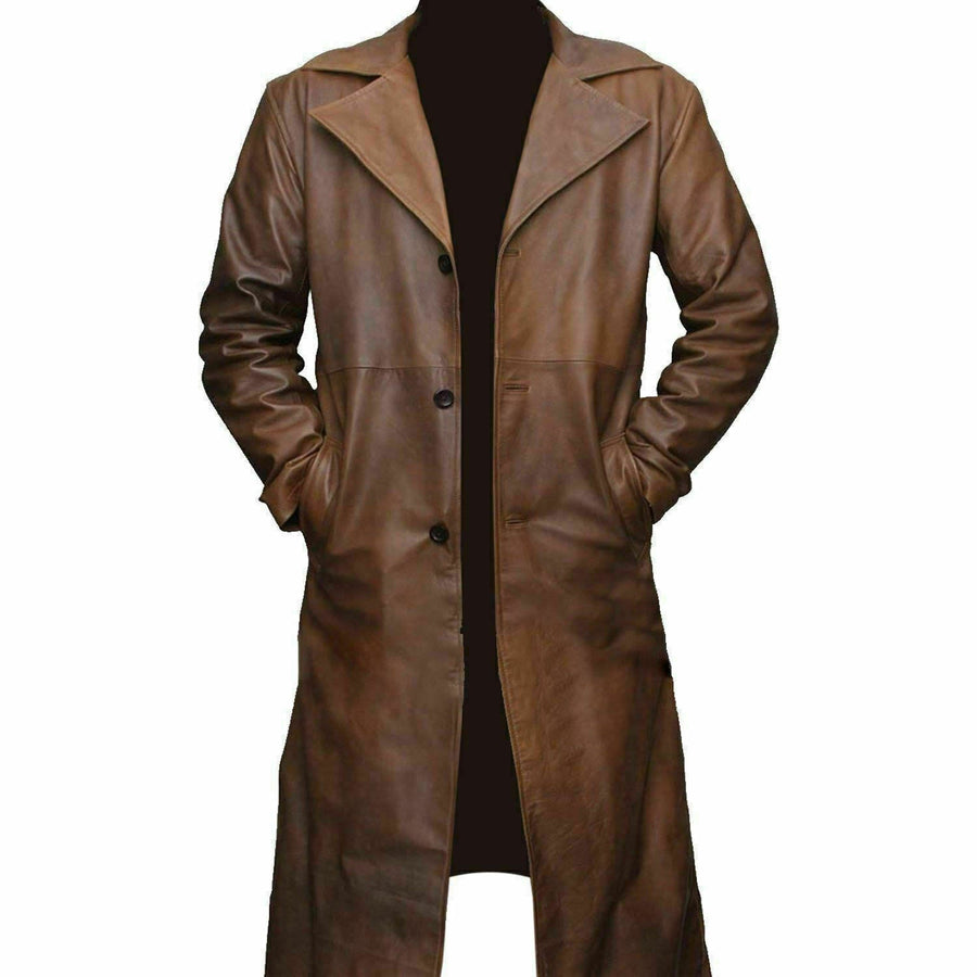 Men Real Lambskin Leather Trench Coat Winter Overcoat Long Jacket