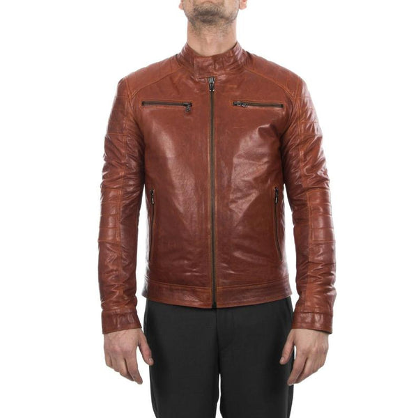 Noora Men lambskin genuine leather biker jacket slim fit cognac brown antiqued vintage look Jacket - Noora International