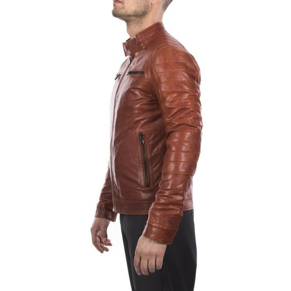 Noora Men lambskin genuine leather biker jacket slim fit cognac brown antiqued vintage look Jacket - Noora International