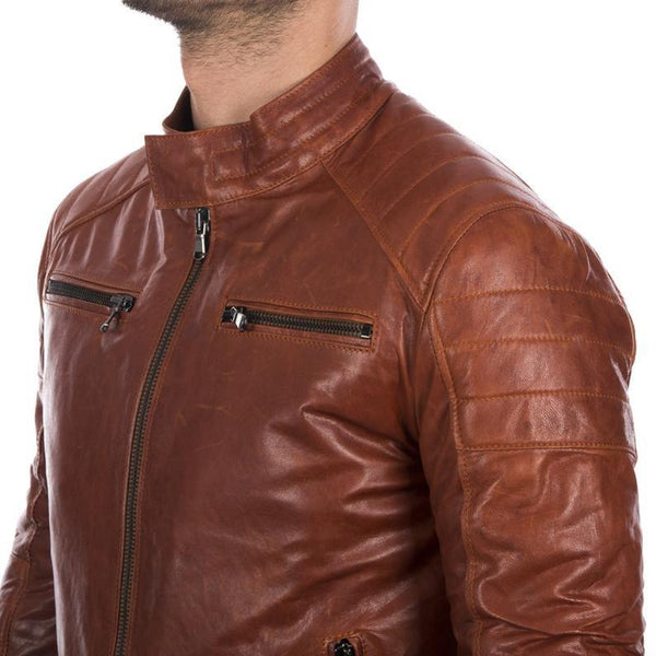 Noora Men lambskin genuine leather biker jacket slim fit cognac brown antiqued vintage look Jacket - Noora International