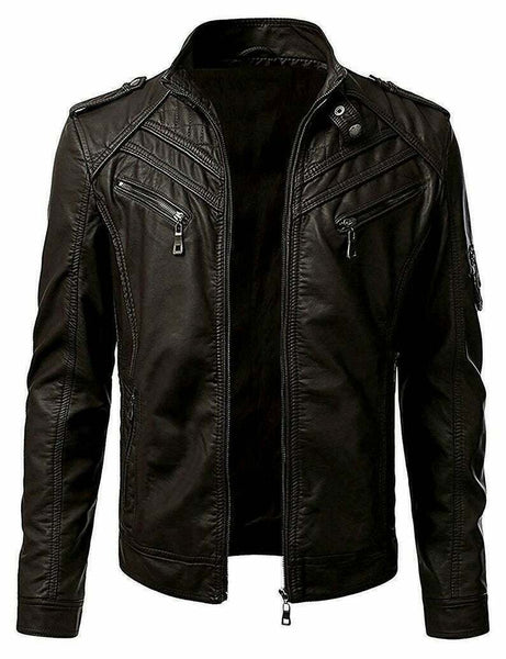 NOORA Men Leather Hot Vintage Black Brown Slim Fit Biker Racing Jacket SJ119 - Noora International