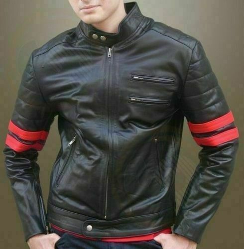 Noora Men-Leather-Jacket-Genuine-Lambskin-Motorcycle-Jacket Black-with-Red WA191 - Noora International