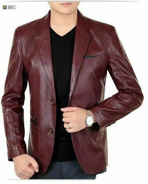 NOORA Men MAROON Leather BLAZER Lambskin Blazer Jacket 2 BUTTON Leather Coat SP2 - Noora International