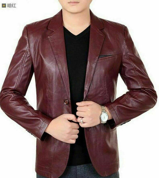 NOORA Men MAROON Leather BLAZER Lambskin Blazer Jacket 2 BUTTON Leather Coat SP2 - Noora International