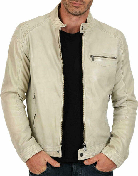 Noora Men Real Lambskin Cream Cafe Racer Leather Shirt Stylish Biker QD885 - Noora International