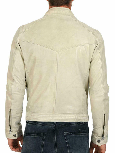 Noora Men Real Lambskin Cream Cafe Racer Leather Shirt Stylish Biker QD885 - Noora International