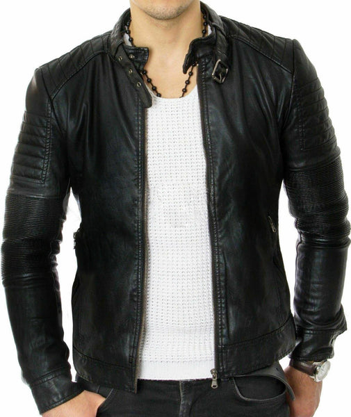 NOORA MEN RED LEATHER JACKET SLIM FIT BIKER LAMBSKIN LEATHER MOTORCYCLE NI-13 - Noora International
