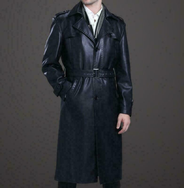 NOORA MEN Size Men Black Long Trench Coat With Belt Lambskin Leather Jacekt - Noora International