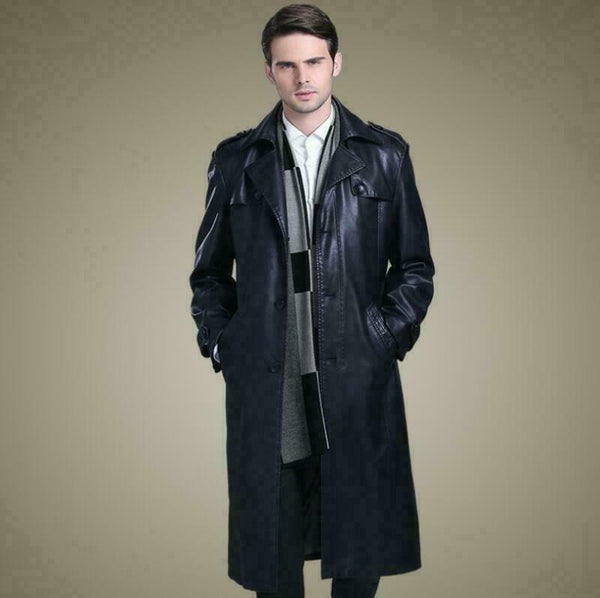 NOORA MEN Size Men Black Long Trench Coat With Belt Lambskin Leather Jacekt - Noora International