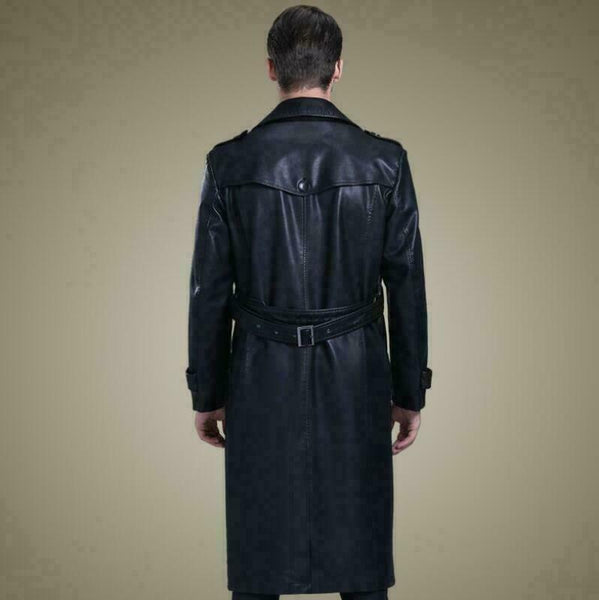 NOORA MEN Size Men Black Long Trench Coat With Belt Lambskin Leather Jacekt - Noora International