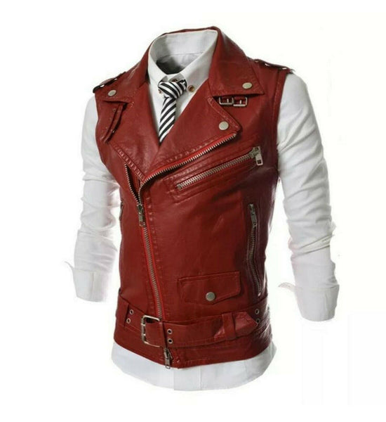 NOORA Men Sleeveless Jacket Vest Lapel Multi-zipper Motorcycle Leather Waistcoat - Noora International