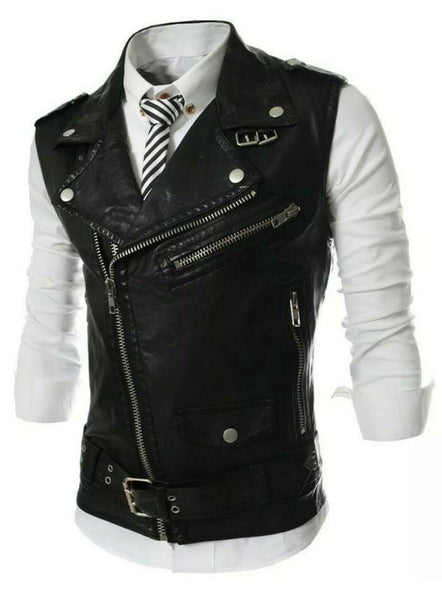 NOORA Men Sleeveless Jacket Vest Lapel Multi-zipper Motorcycle Leather Waistcoat - Noora International