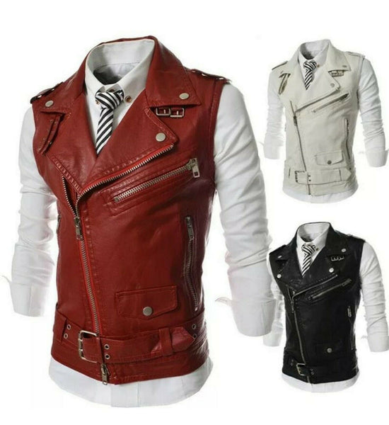NOORA Men Sleeveless Jacket Vest Lapel Multi-zipper Motorcycle Leather Waistcoat - Noora International