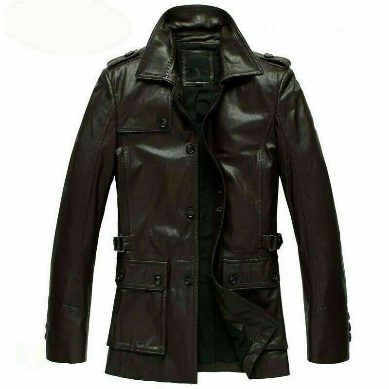 Men Trench Coat Turn Neck Solid Long Leather Casual Warm Long Jacket
