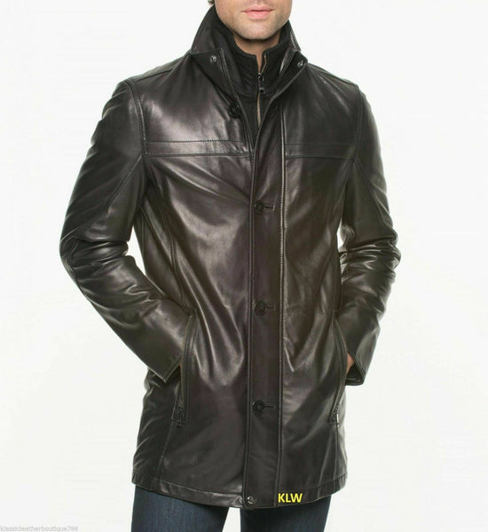 NOORA Men Trench Leather Coat Awesome Soft Lambskin For Stylish Looking WA419 - Noora International